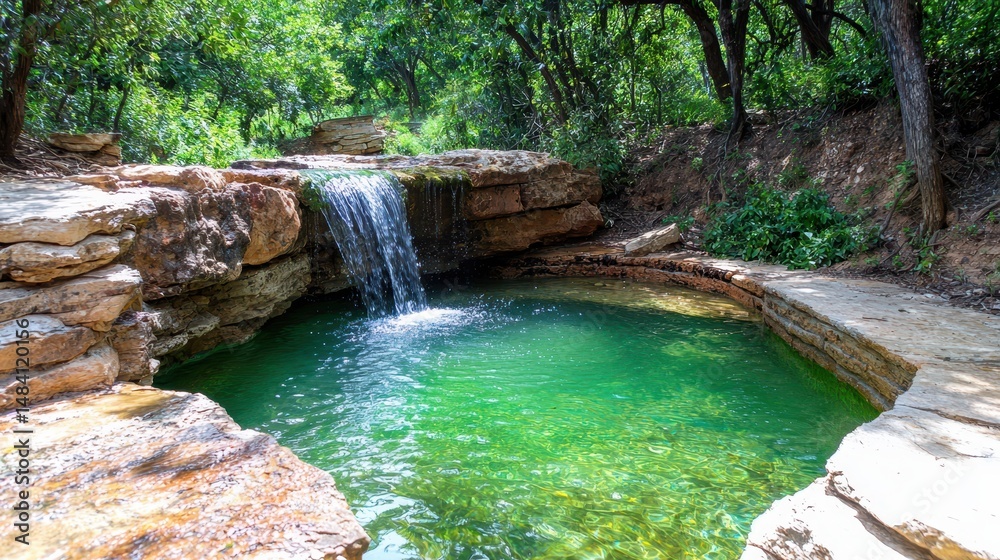 Naklejka premium Tranquil Waterfall Cascades into Vibrant Green Pool in Lush Forest