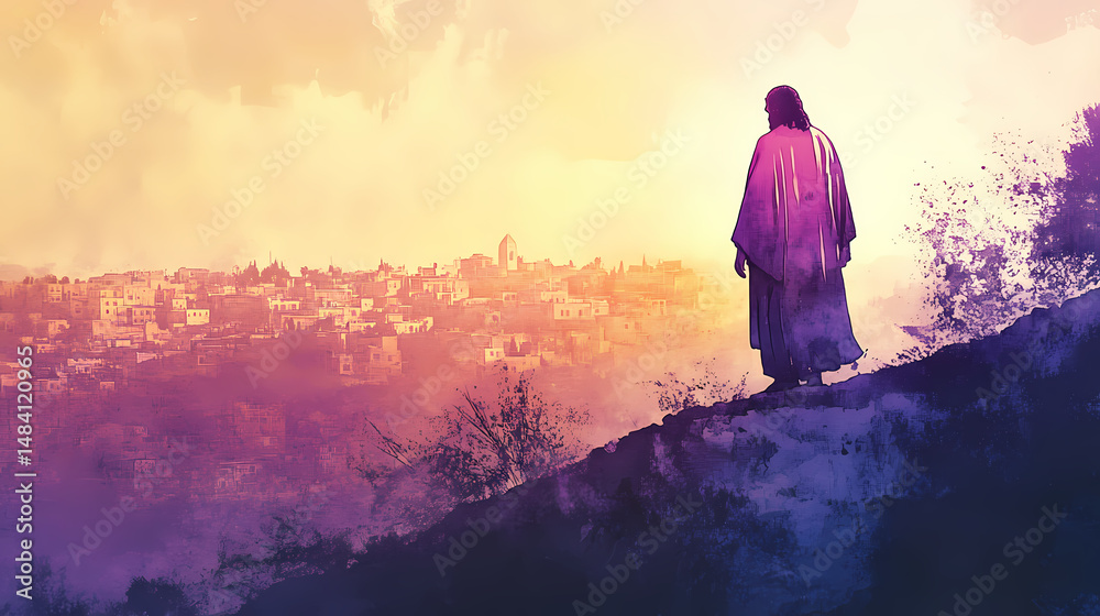 Obraz premium jesus standing hill overlooking jerusalem