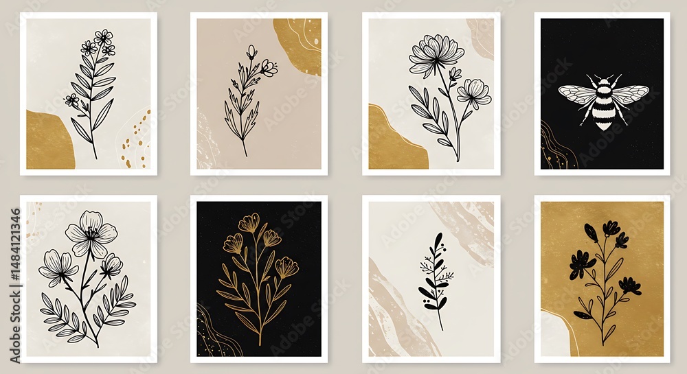 Fototapeta premium Elegant Botanical Line Art Prints: Gold & Black Minimalist Decor