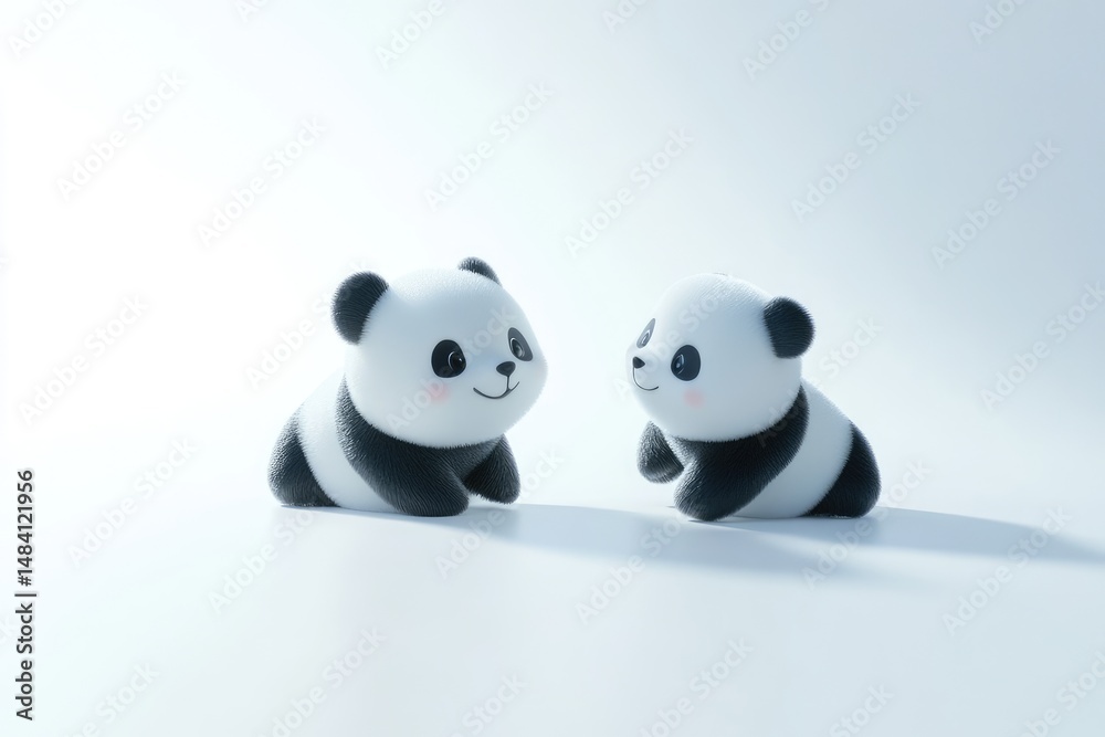 Fototapeta premium Two adorable cartoon panda bears with fluffy black and white fur sit on a seamless white backdrop, looking sweet.