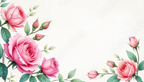 Delicate watercolor roses & leaves, pastel hues, fabric, seamless, illustration