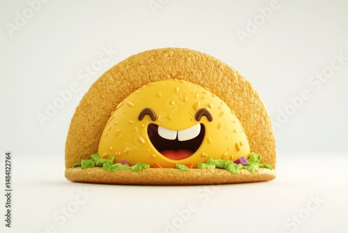 A cartoon taco with a goofy face showing its teeth, filled with lettuce and other ingredients on a white background.