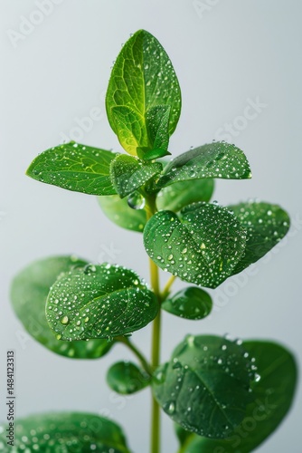 macro shot of fresh thyme sprig with dew drops, plain white background, hyper-realistic style, soft studio lighting, cool green and white tones, centered subject with minimal negative space