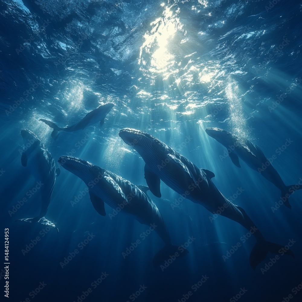 Fototapeta premium Whales Underwater in Sunlit Ocean Depths