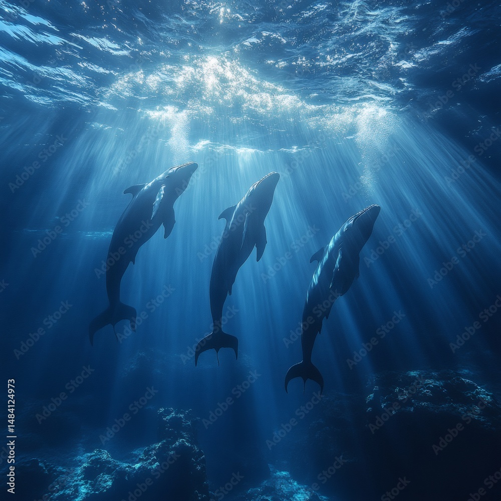 Naklejka premium Dolphins Swimming Underwater with Sunbeams in Deep Blue Ocean