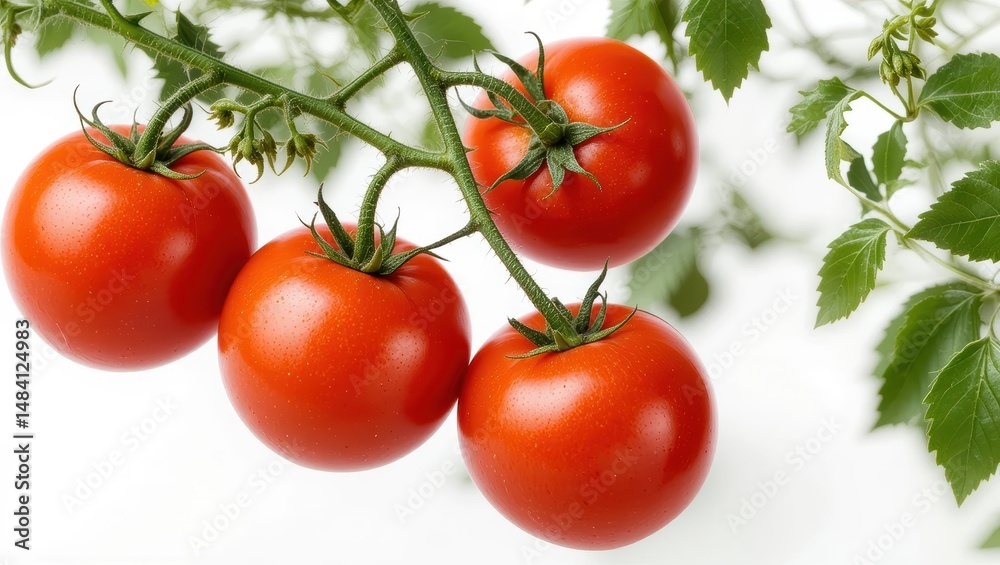 Fresh, Ripe Red Tomatoes on a Green Vine with Healthy Leaves Isolated on White Background Fresh, Ripe Red Tomatoes on a Green Vine with Healthy Leaves Isolated on White Background