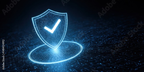 Glowing blue shield with checkmark on a dark circuit board background for security data