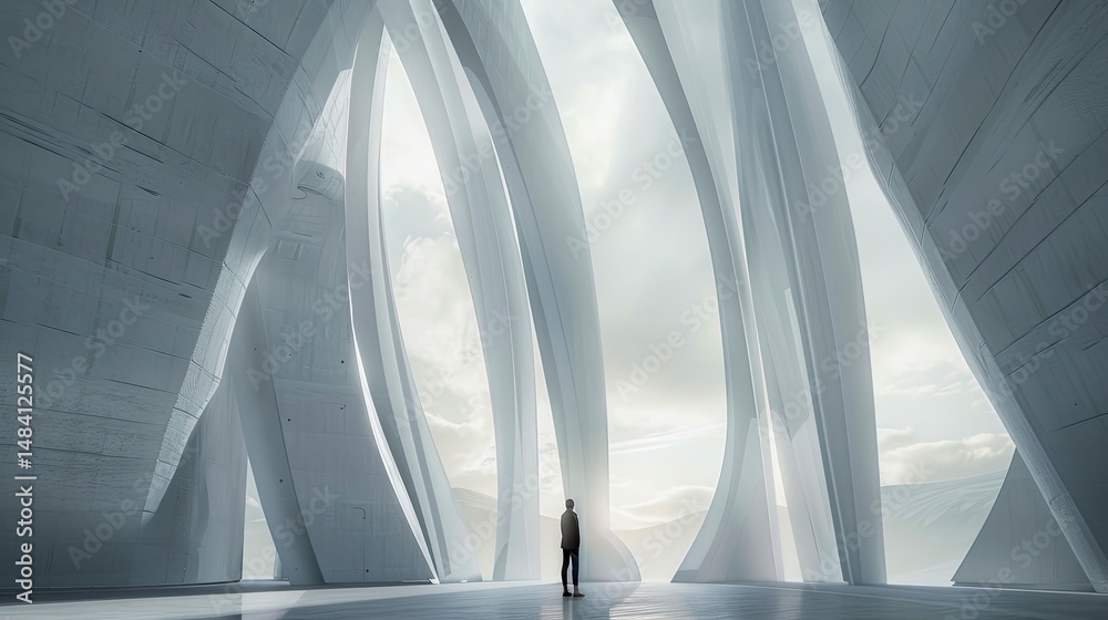 Obraz premium Abstract architectural interior, a figure in a vast, light-filled space