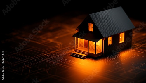 A miniature house model with illuminated windows sitting on a circuit board design