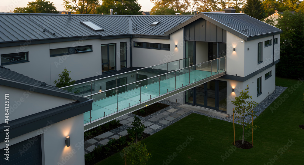 Fototapeta premium Modern Residence With Skybridge Connecting Living Spaces In Luxurious Setting
