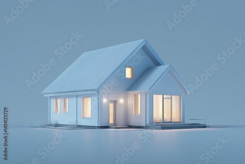 A simple white house model with glowing windows against a blue background studio shot