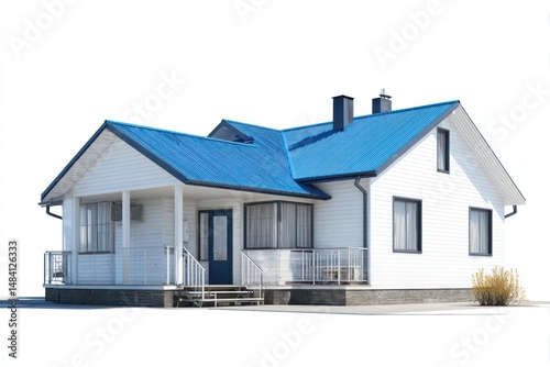 A charming white house with a striking blue roof stands against a bright white backdrop