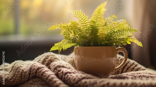 Fern in a Mug on Knitted Blanket, Cozy Autumn Atmosphere