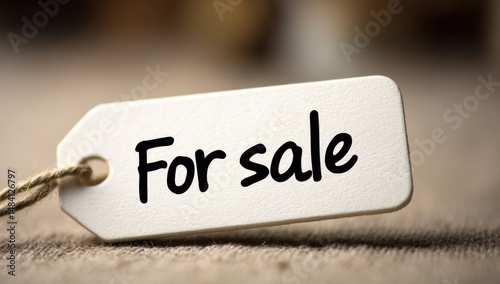 A close up shot of a white tag with the words for sale written in black ink on it