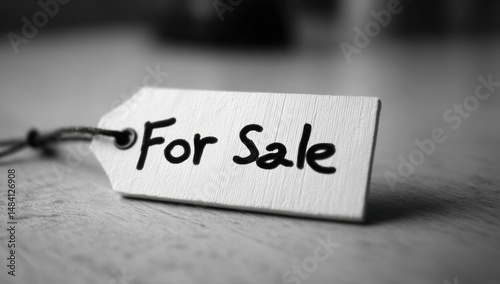 A grayscale image of a white tag with the words for sale written on it in black ink