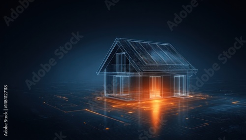A futuristic house outline with solar panels and glowing energy lines on dark background