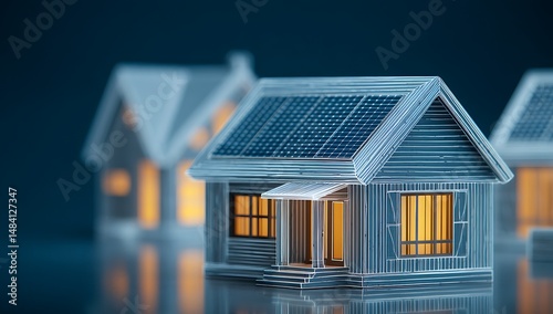 A conceptual rendering of houses with solar panels on the roofs in a dark environment