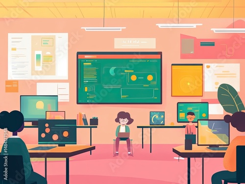 Colorful classroom filled with diverse students collaborating on digital projects.