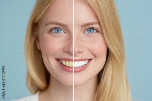 A before and after comparison of a blonde woman's teeth whitening treatment result shown