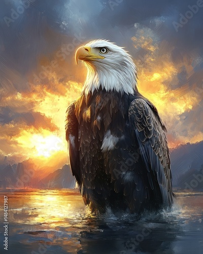 Majestic bald eagle at sunset over water