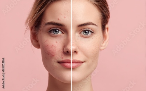 A woman's face split in half showing skin before and after treatment on a pink background