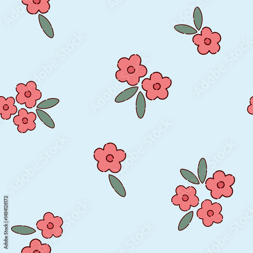 Seamless pattern of red flowers on blue background big