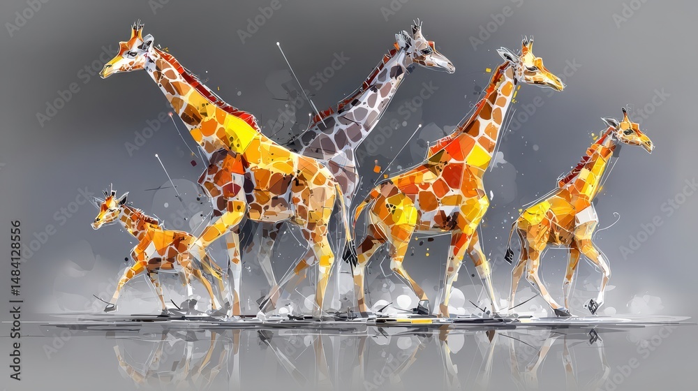 Obraz premium Artistic Giraffe Herd Geometric Wildlife Painting African Safari Art