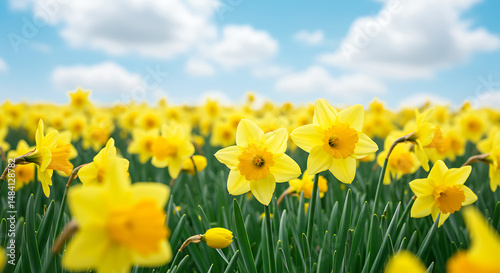 Yellow Daffodil Field, Spring Flowers, Sunny Day, Blue Sky