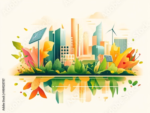 Eco-friendly city landscape with renewable energy.