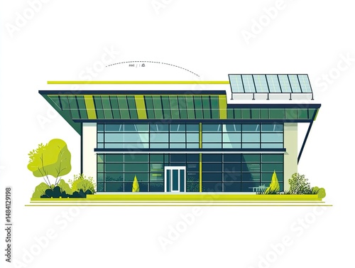 Modern, sustainable commercial building facade with solar panels.