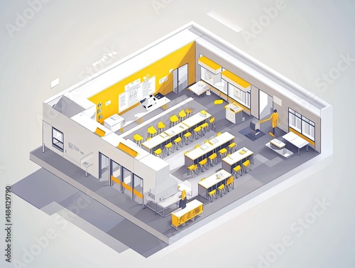 Isometric view of a modern, well-equipped classroom.
