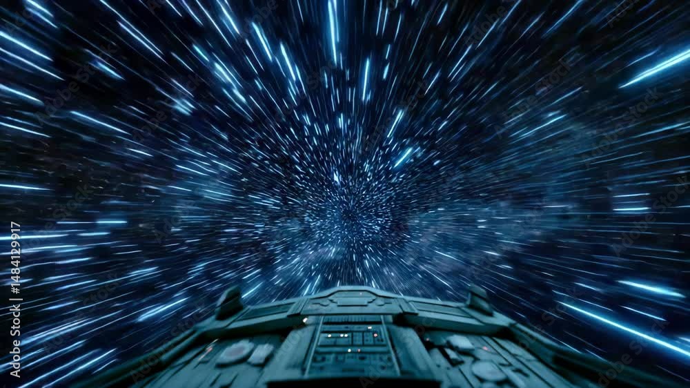 Spaceship traveling through starfield with bright blue light streaks space travel starfield light