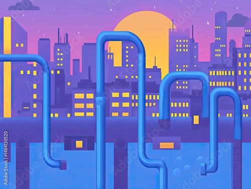 Cityscape interconnected by a network of pipes.