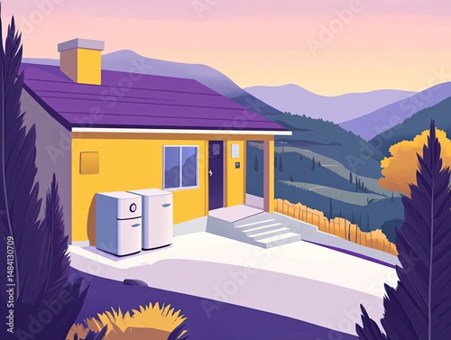Rural home nestled in a mountain landscape.