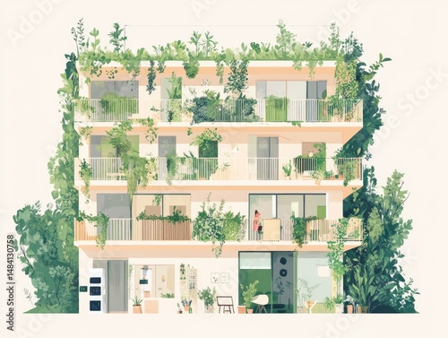 Verdant, sustainable residential building with lush greenery.
