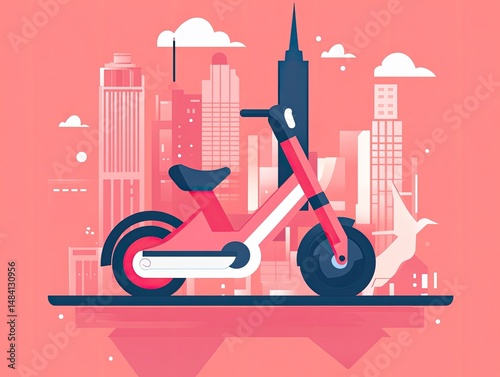 Pink children's bike in front of a cityscape.