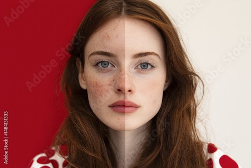 Portrait of a woman with before and after skin treatment against a split background