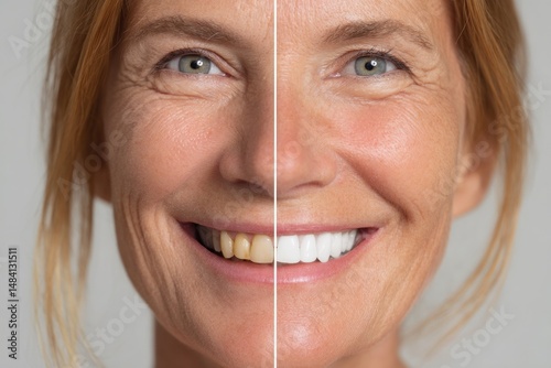 Woman's face split screen showing teeth before and after whitening treatment smiling close up