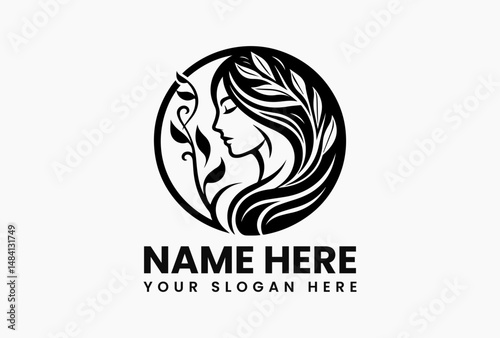 Minimalist circular logo featuring calm female profile with hair becoming botanical elements in continuous flow. Holistic beauty concept  