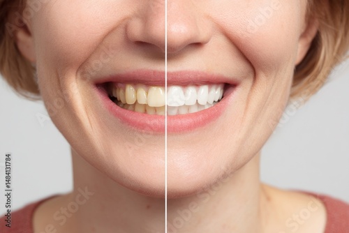 Comparison of teeth whitening results showing yellow teeth versus white teeth on a woman