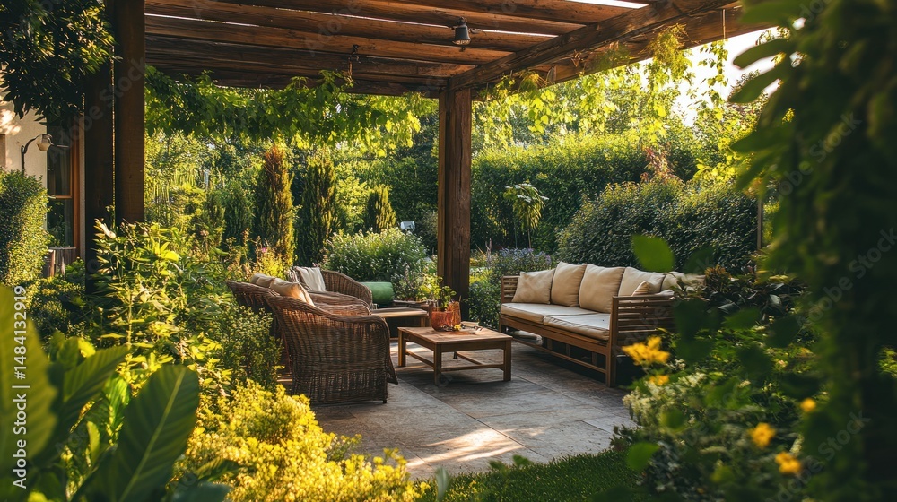 Outdoor patio area with wooden pergola, lush greenery, and comfortable seating Outdoor patio area with wooden pergola, lush greenery, and comfortable seating