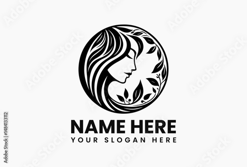 Minimalist circular logo featuring calm female profile with hair becoming botanical elements in continuous flow. Holistic beauty concept  