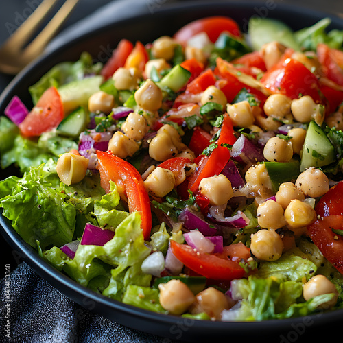 A black bowl of salad with tomatoes, cucumbers, and chickpeas