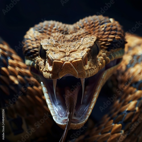 Viper snake, open mouth, fangs, intense gaze.