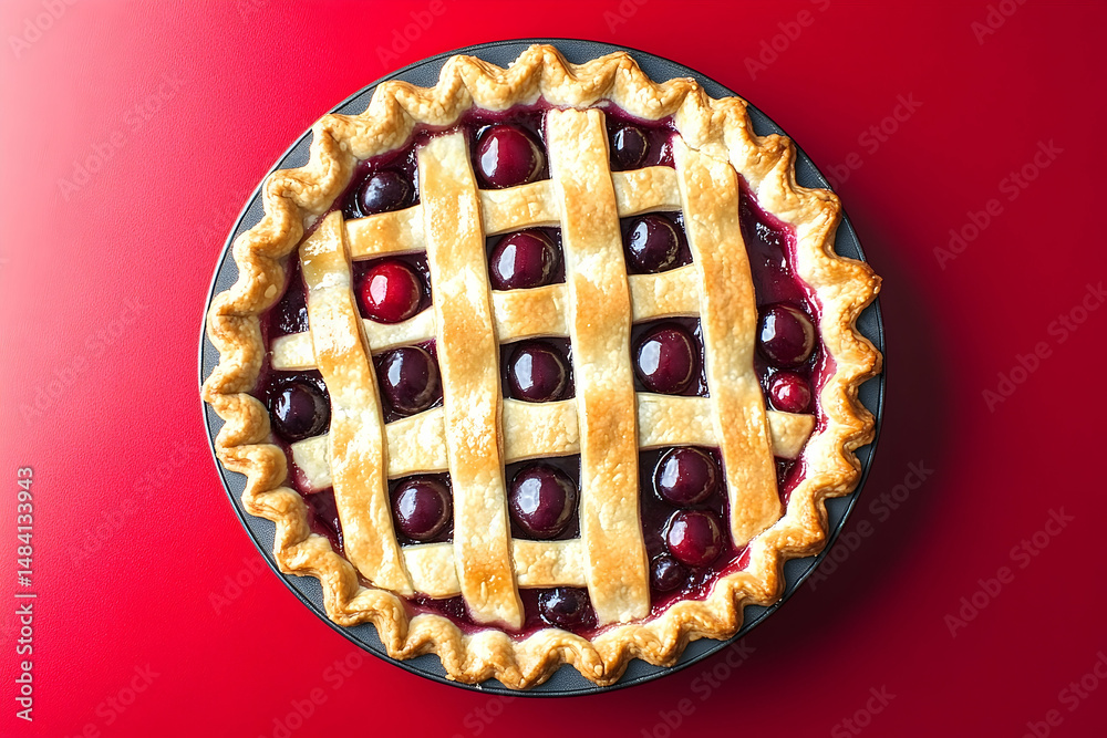 Freshly baked cherry pie on a red background. Freshly baked cherry pie on a red background.