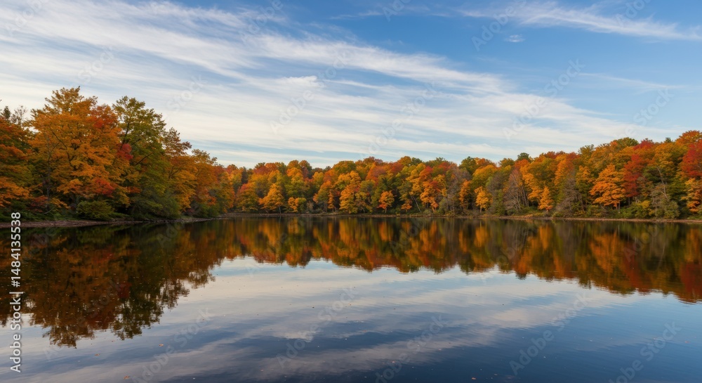 Autumn lake reflecting colorful trees representing seasonal beauty and tranquility, with blue sky Autumn lake reflecting colorful trees representing seasonal beauty and tranquility, with blue sky