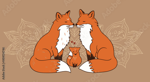 Two affectionate foxes with a cub in a decorative floral background  