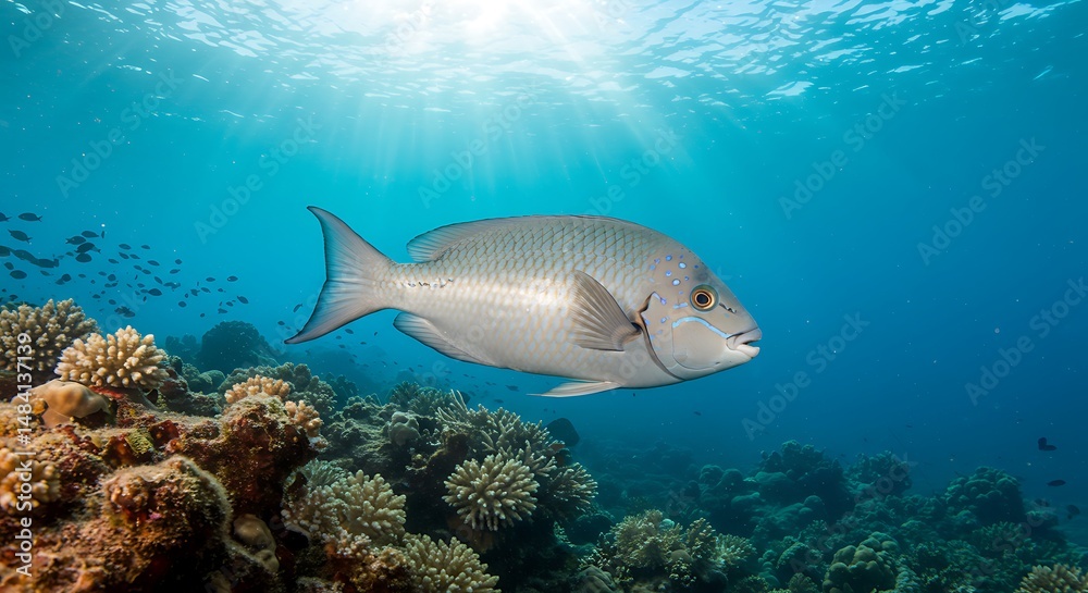 Fototapeta premium Oceanic Serenity A Silver Fish In Coral Reef Sunlight