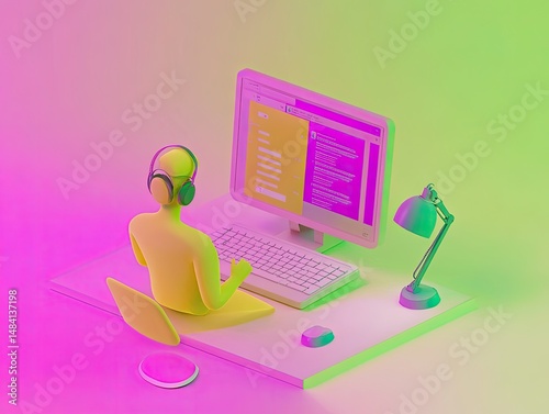 Colorful 3D rendering of a programmer at work.