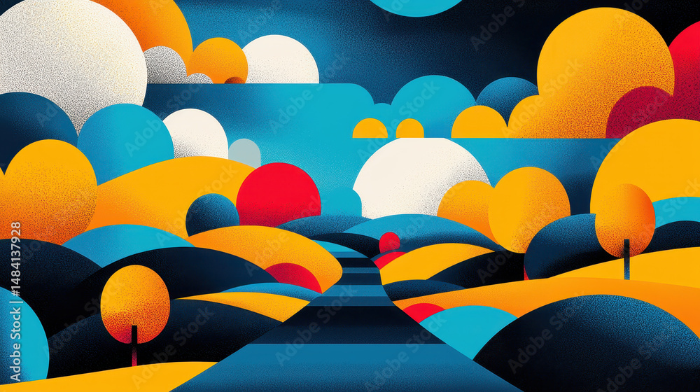 Fototapeta premium Abstract landscape with vibrant colorful clouds and rolling hills in a modern minimalistic art style with bold shapes and a bright sky background